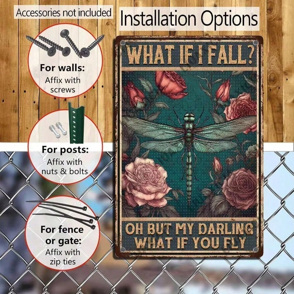 What If I Fall What If You Fly Tin Sign Vintage Metal Dragonfly Rose Wall Decor