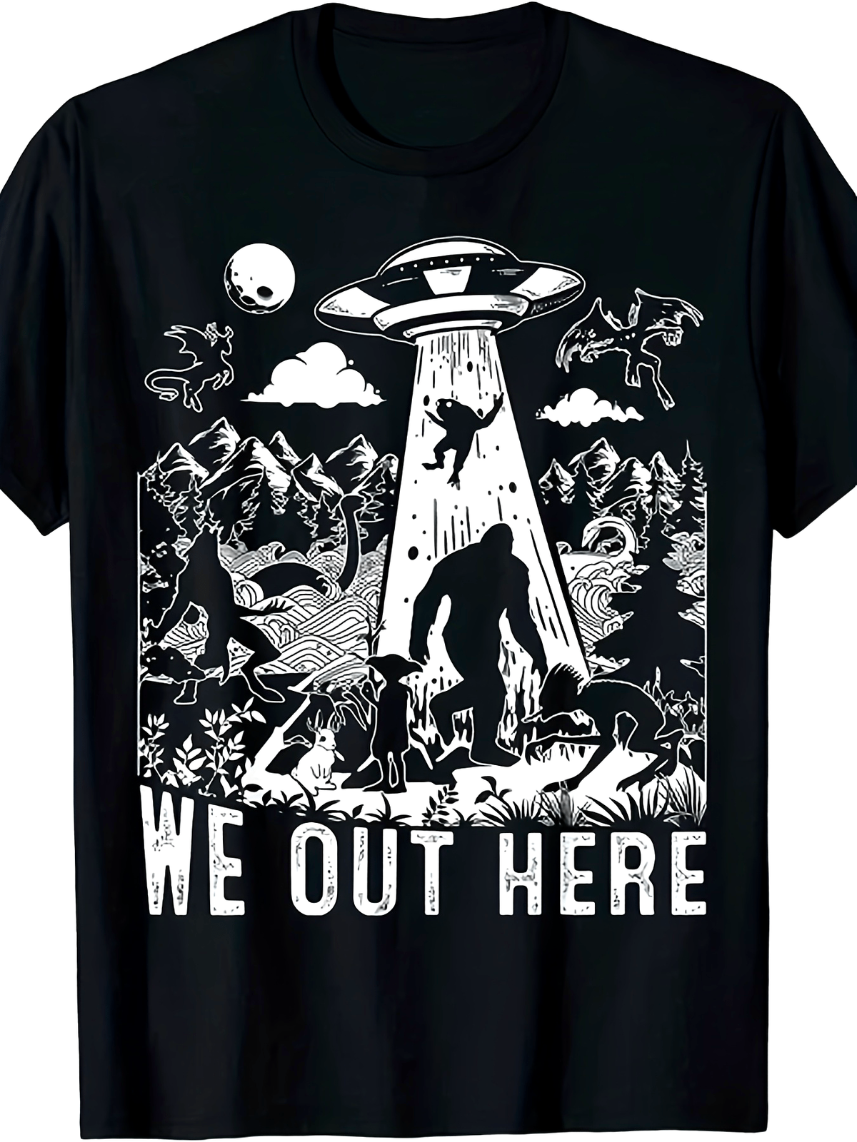 "We Out Here" Cryptid UFO T-Shirt - Funny Bigfoot Alien Graphic Tee