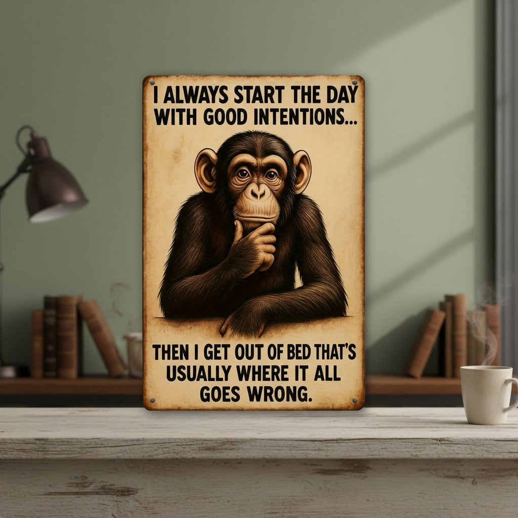 Funny Chimpanzee Metal Sign - Good Intentions Morning Humour Tin Wall Decor