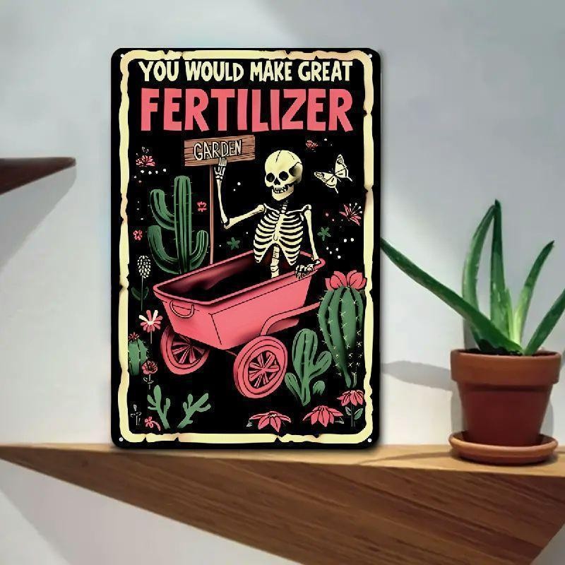 Retro Creepy Gardening Metal Tin Sign Funny Skeleton Wheelbarrow Yard Wall Art
