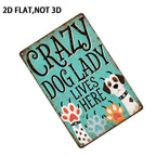 Funny Crazy Dog Lady Lives Here Metal Tin Sign Retro Teal Puppy Paw Wall Plaque
