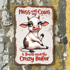 Funny Cow Metal Sign - Retro Crazy Heifer Farmhouse Tin Wall Decor