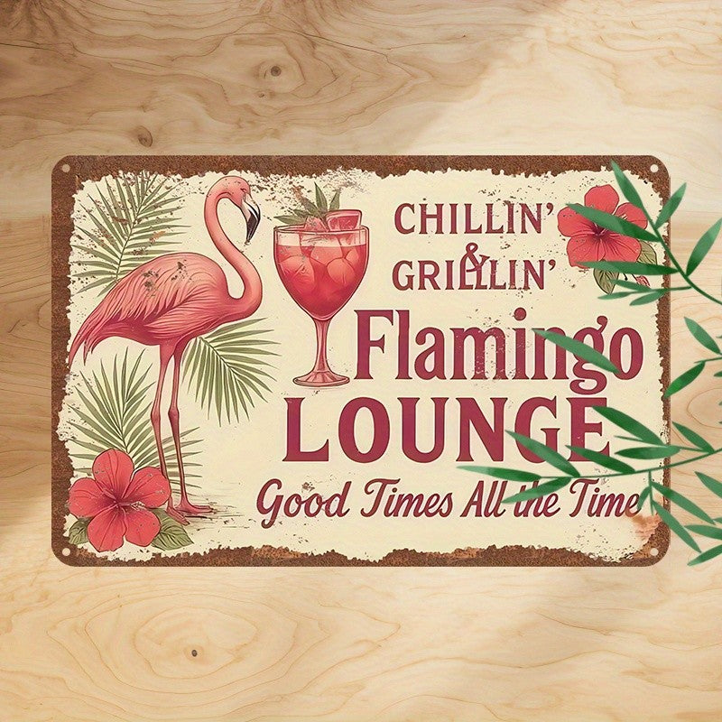 Vintage Flamingo Lounge Metal Sign - Retro Chillin Grillin Bar Tin Decor