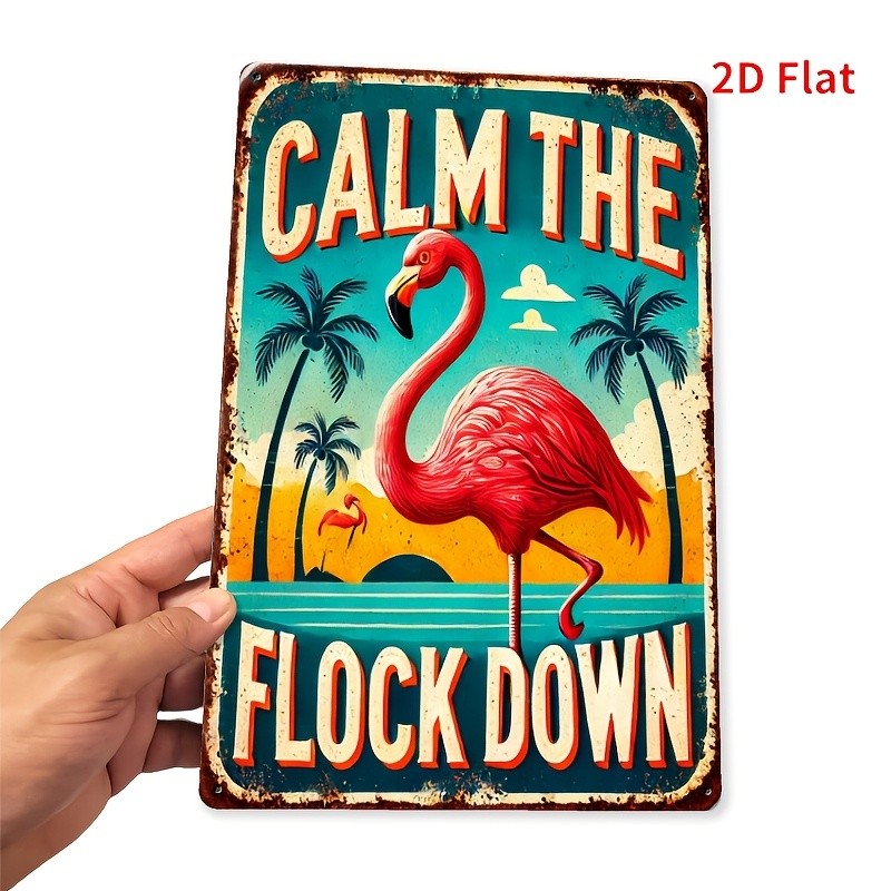"Calm The Flock Down" Metal Sign - Funny Flamingo Tin Wall Art Decor Plaque