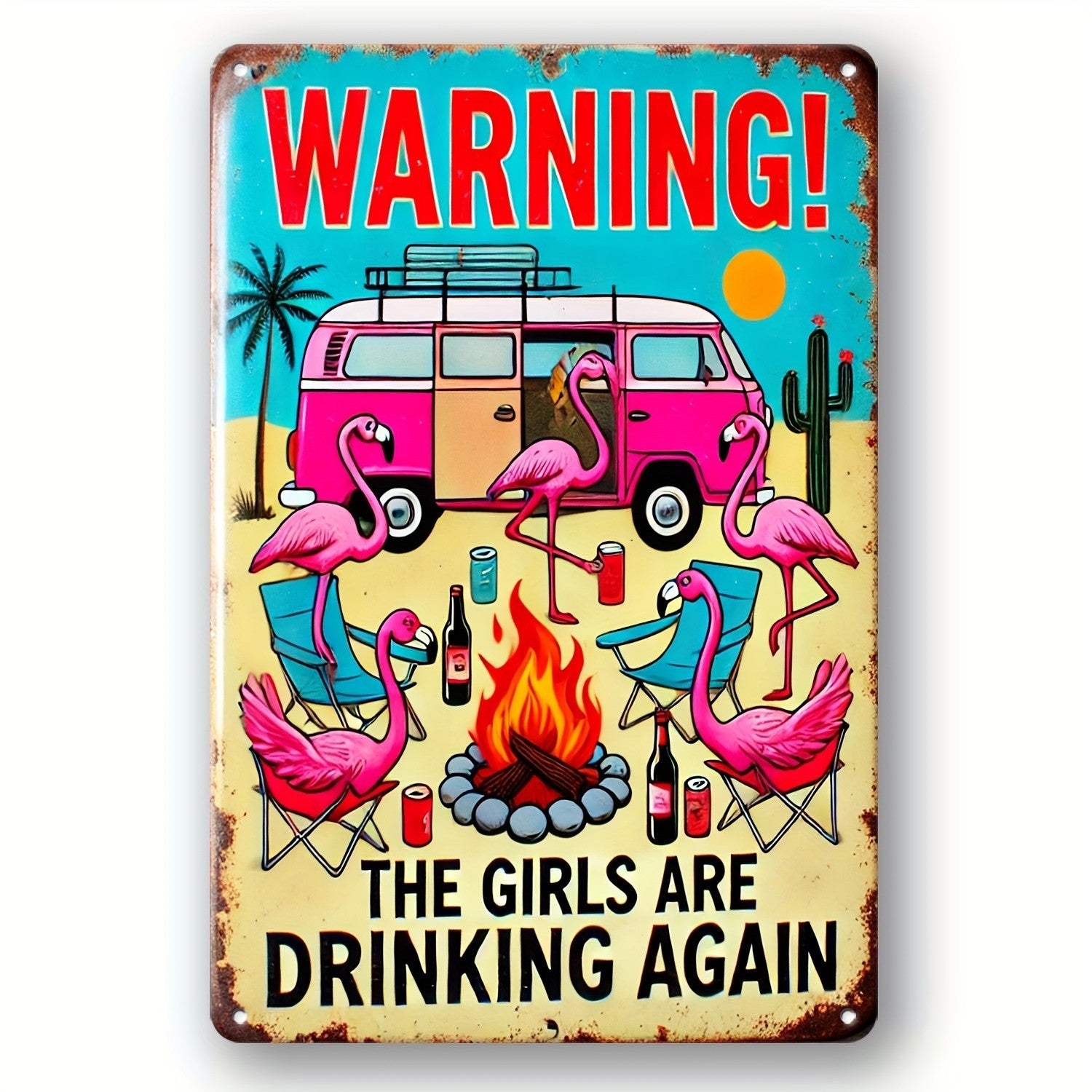 Funny Flamingo Metal Sign - The Girls Are Drinking Again Retro Tin Decor