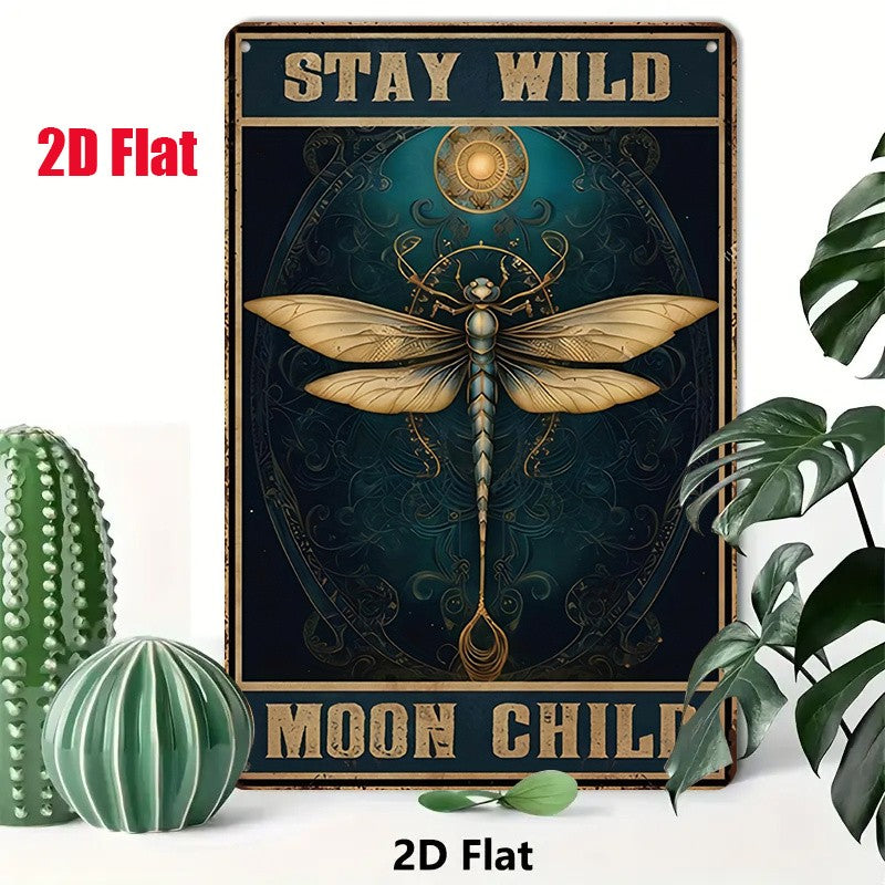 Stay Wild Moon Child Metal Sign - Artistic Dragonfly Tin Wall Decor Plaque