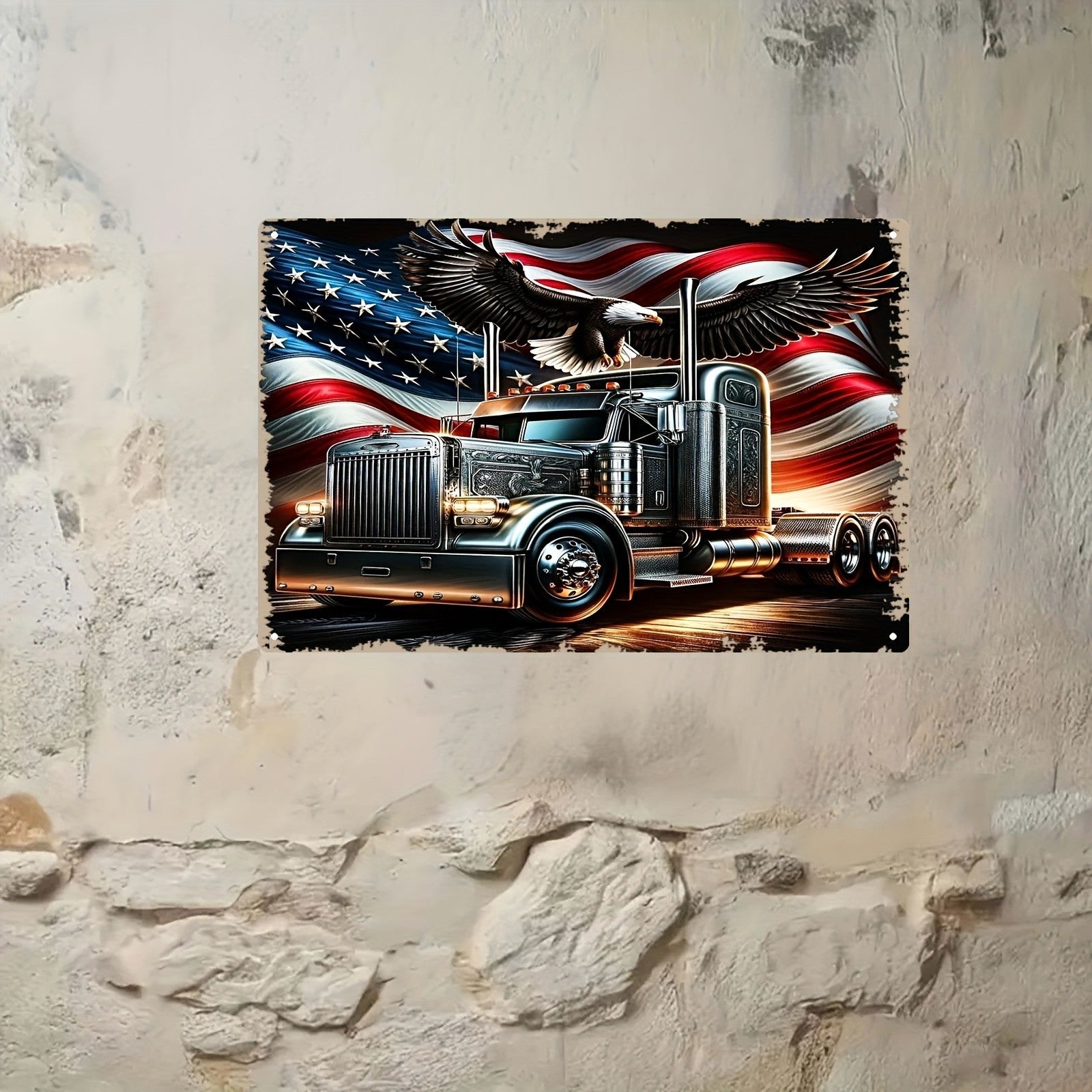 American Semi Truck Metal Sign - Eagle & USA Flag Tin Wall Art Decor
