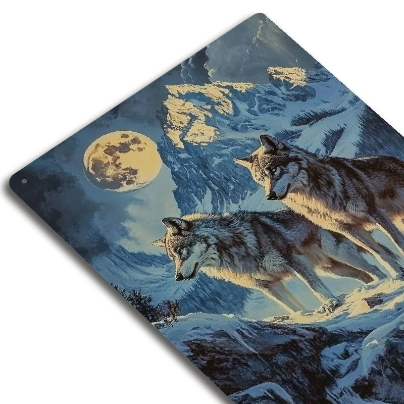 Rustic Wolves Metal Sign Retro Howling Wolf Mountain Landscape Wall Decor
