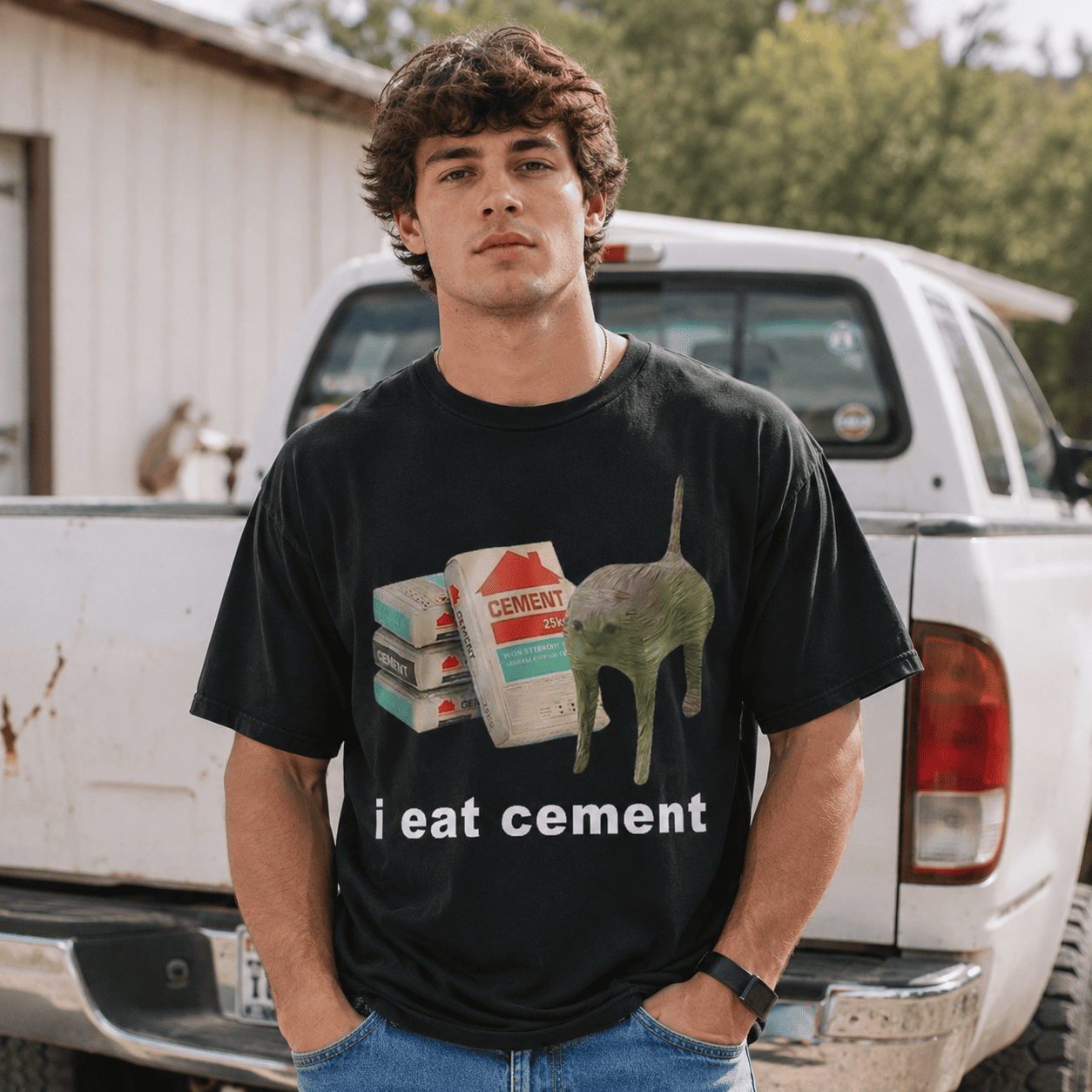 I Eat Cement Funny Cat Meme Shirt Mens Graphic Humor Black T-Shirt