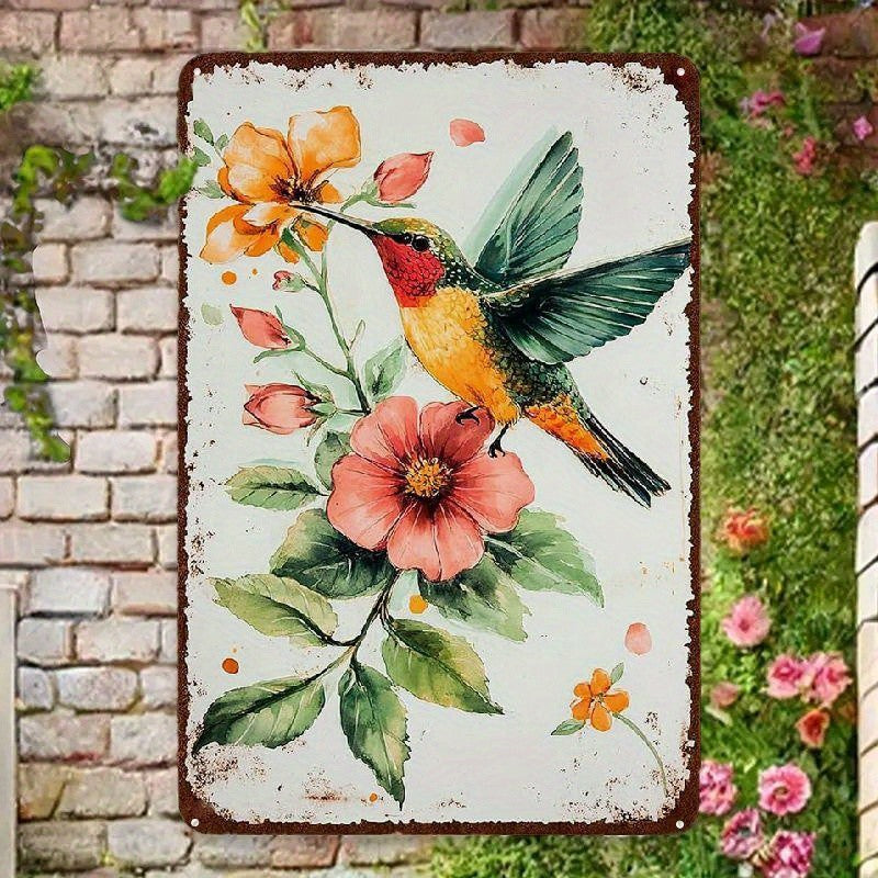 Retro Metal Hummingbird Sign Watercolor Floral Painting Cute Bedroom Kitchen Art
