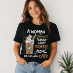 Women Funny Cat Coffee Lover Graphic T-Shirt Cute Kitty Casual Crew Neck Tee
