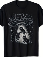 Funny Cat UFO Abduction Graphic T-Shirt Alien Space Cute Kitty Sci-Fi Tee Gift