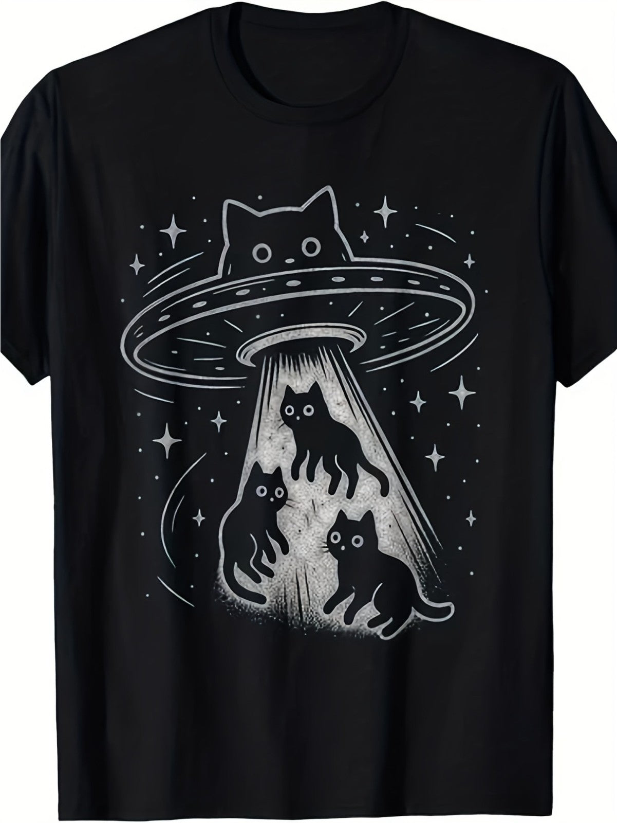 Funny Cat UFO Abduction Graphic T-Shirt Alien Space Cute Kitty Sci-Fi Tee Gift