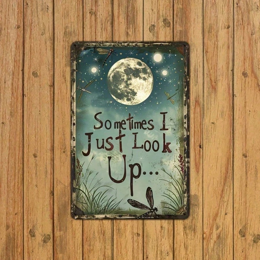 Sometimes I Just Look Up Tin Sign Vintage Metal Celestial Full Moon Wall Decor
