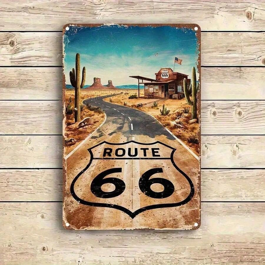 Route 66 Desert Highway Tin Sign - Vintage Arizona Saguaro Cactus Wall Decor