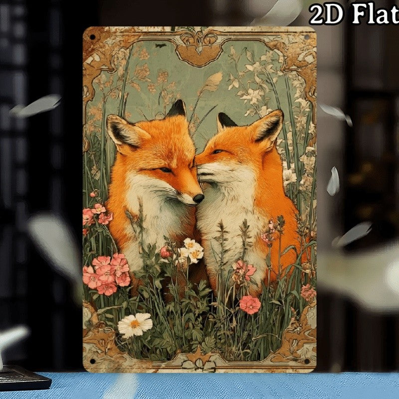 Fox Couple Metal Sign - Vintage Botanical Tin Wall Art Decor Plaque