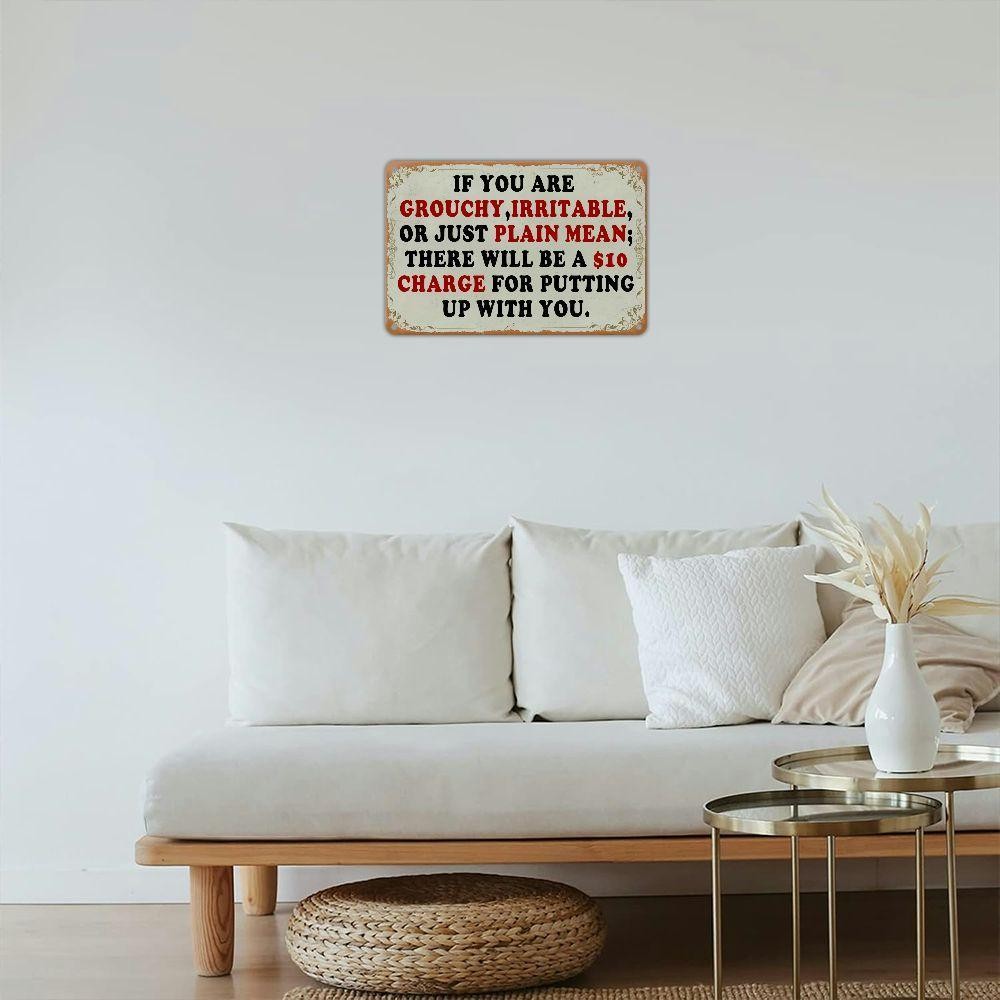 Funny Metal Sign - "$10 Charge For Grouchy People" Tin Wall Art Decor