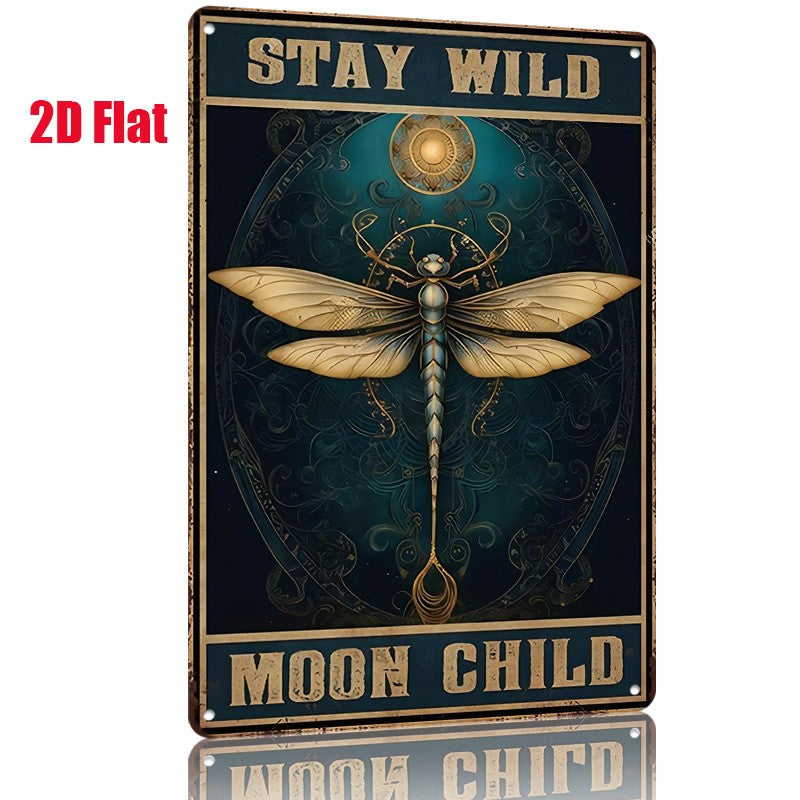 Stay Wild Moon Child Metal Sign - Artistic Dragonfly Tin Wall Decor Plaque