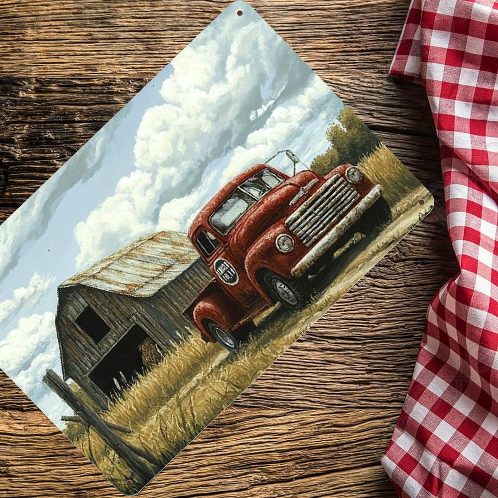 Retro Old Red Truck Metal Tin Sign Vintage Farmhouse Barn Country Roadside Wall