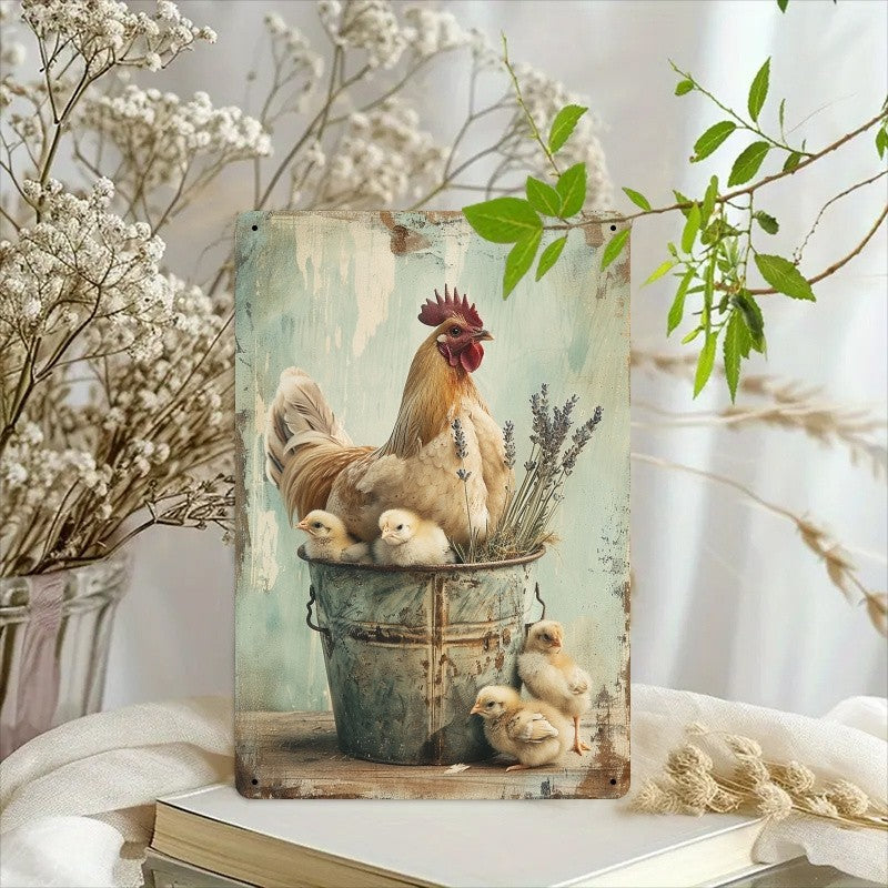 Rustic Hen and Chicks Tin Sign - Cute Country Farmhouse Kitchen Plaque Art