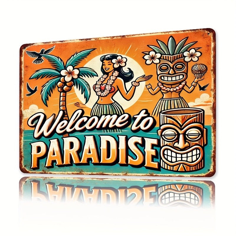 Welcome to Paradise Metal Tin Sign - Tropical Tiki Bar Tin Wall Art Decor