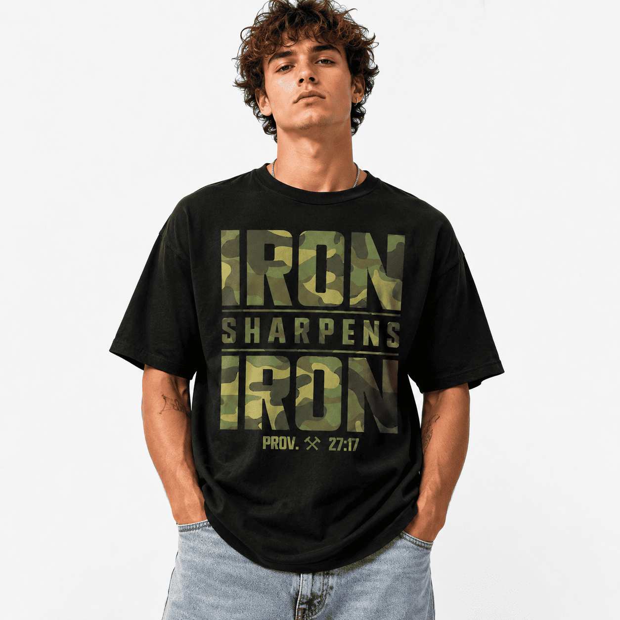 Iron Sharpens Iron Christian Bible Verse Graphic T-Shirt Camouflage Faith Tee