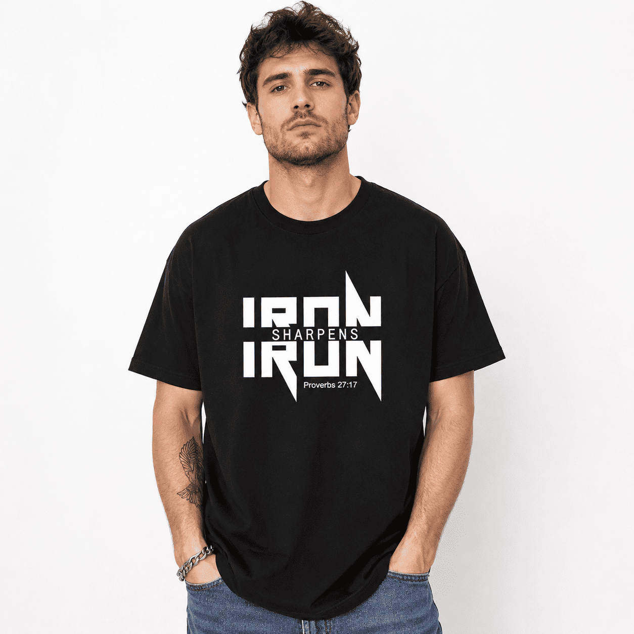 Iron Sharpens Iron T-Shirt Men's Christian Bible Verse Graphic Tee