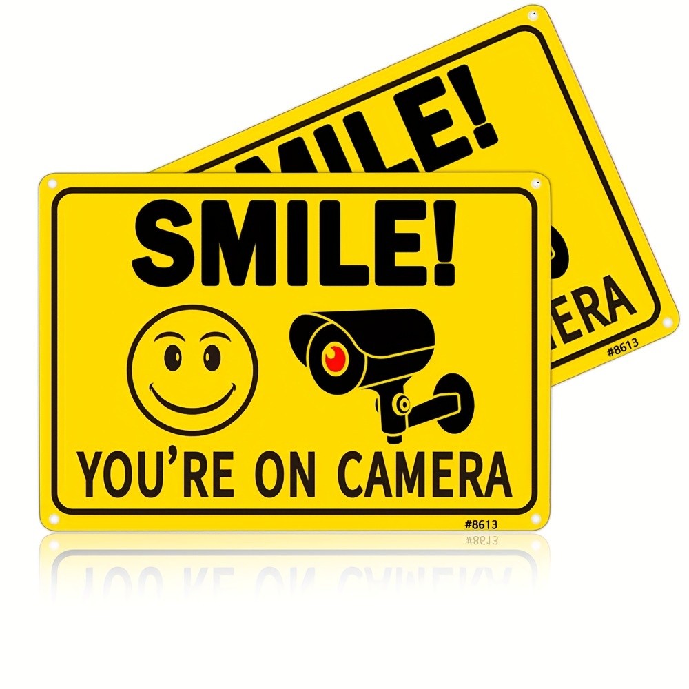 Smile Youre On Camera Tin Sign Yellow Security Metal Wall Art Surveillance Decor