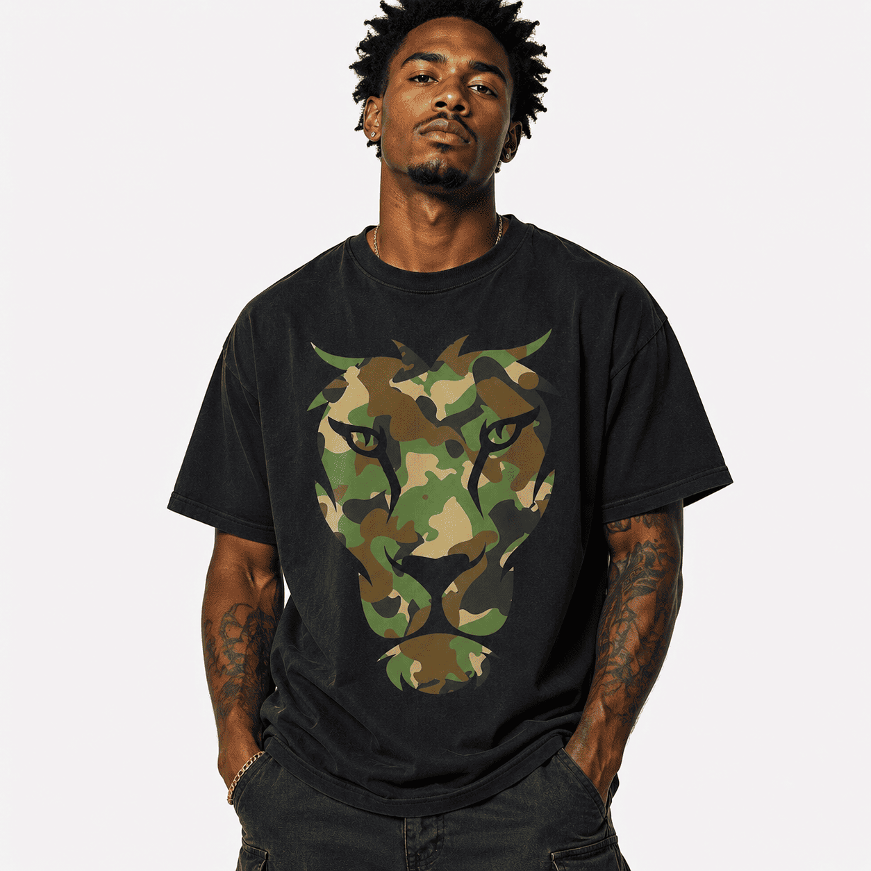Camo Lion Head Graphic T-Shirt Military Camouflage Animal Print Tee