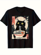 Men's Vintage Japanese Ramen Cat T-Shirt - Kitten Eating Noodles Print