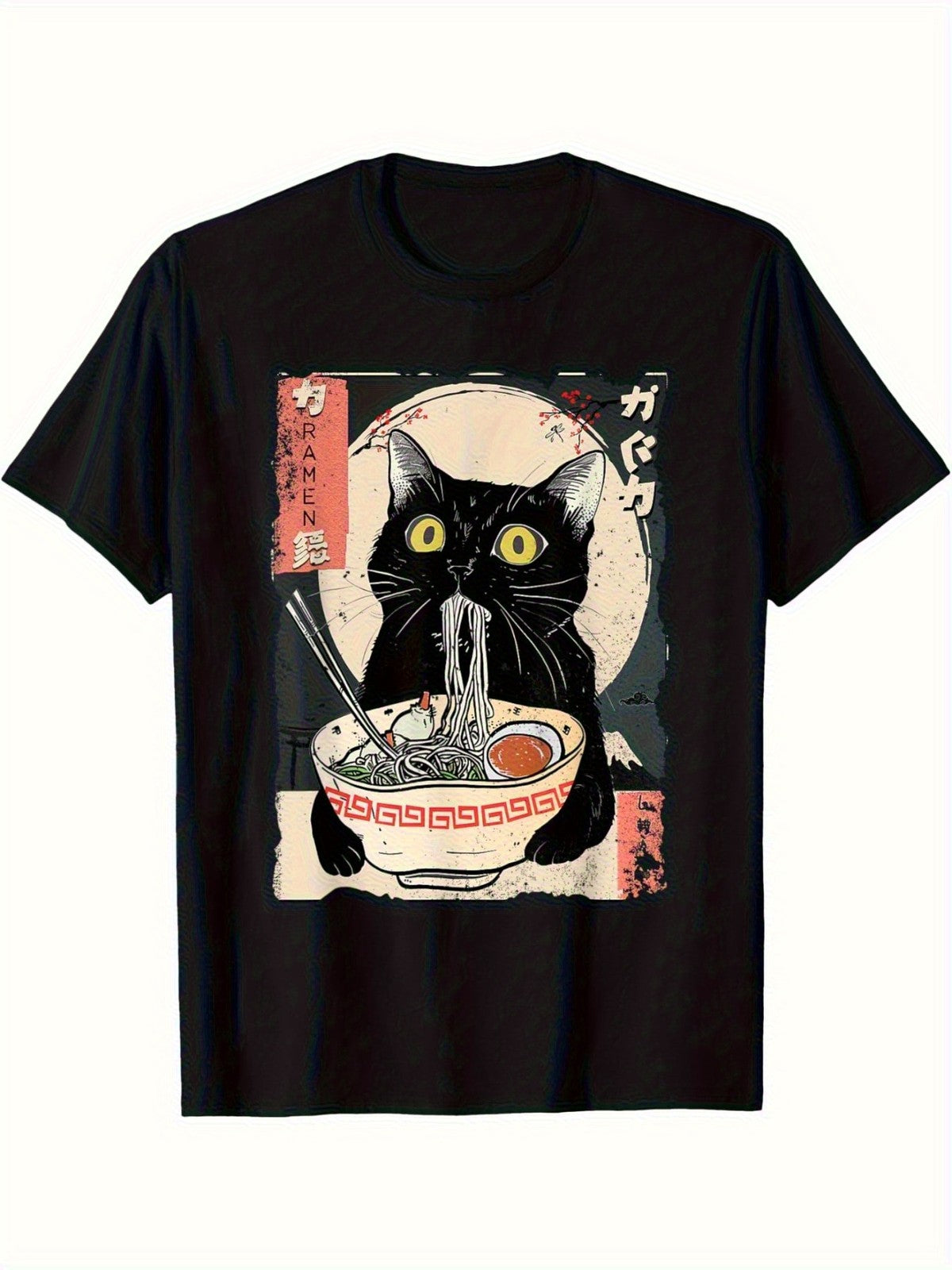 Men's Vintage Japanese Ramen Cat T-Shirt - Kitten Eating Noodles Print