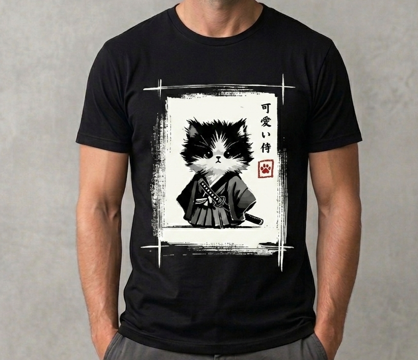 Japanese Samurai Kitten T-Shirt - Cute Neko Graphic Tee - Aesthetic Anime Shirt