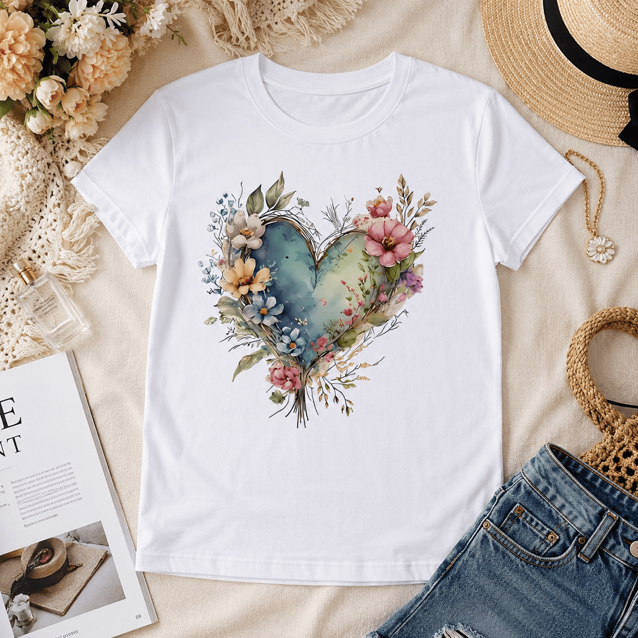 Watercolor Floral Heart Graphic Tee - Aesthetic Nature-Inspired Boho T-Shirt