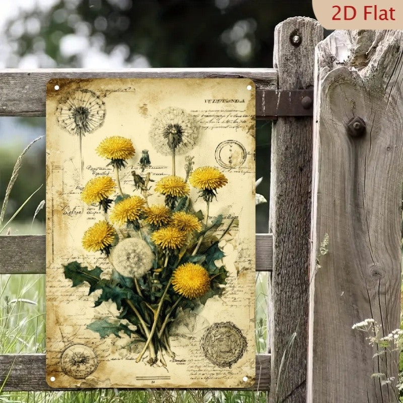 Rustic Dandelion Botanical Metal Sign Yellow Wildflower Cottagecore Decor