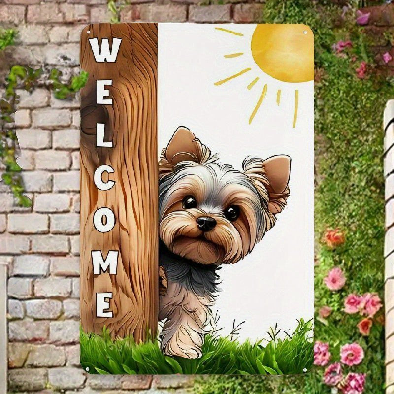 Cute Yorkie Welcome Metal Sign - Vintage Yorkshire Terrier Dog Tin Decor