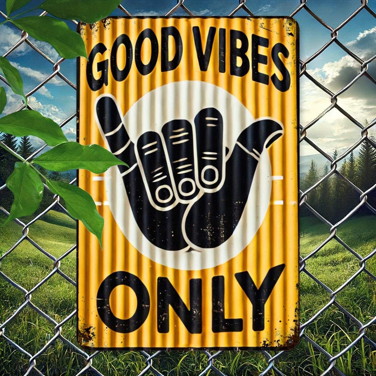 Good Vibes Only Shaka Hand Metal Tin Sign Retro Yellow Tiki Bar Wall Decor