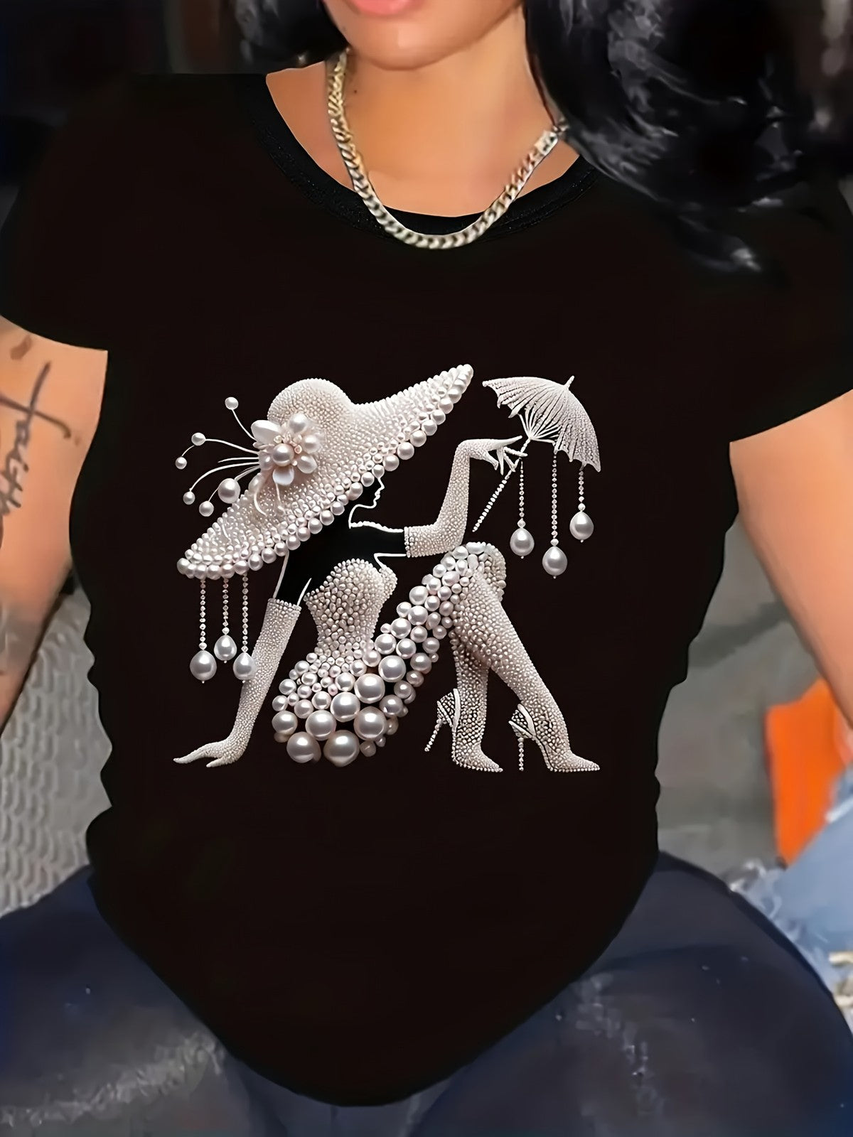 Women Elegant Pearl Fashion T-Shirt Short Sleeve Casual Round Neck Summer Tee