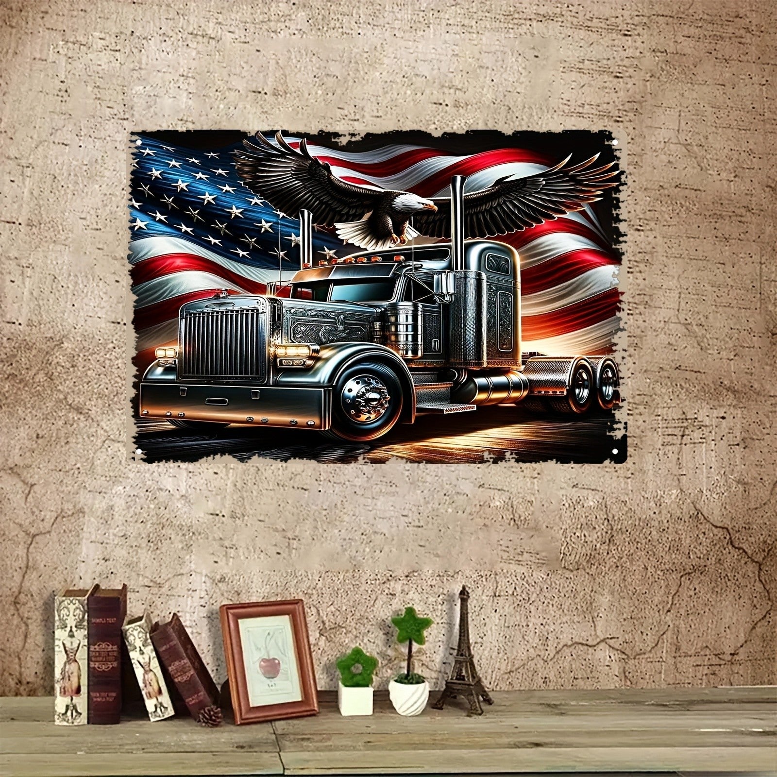 American Semi Truck Metal Sign - Eagle & USA Flag Tin Wall Art Decor