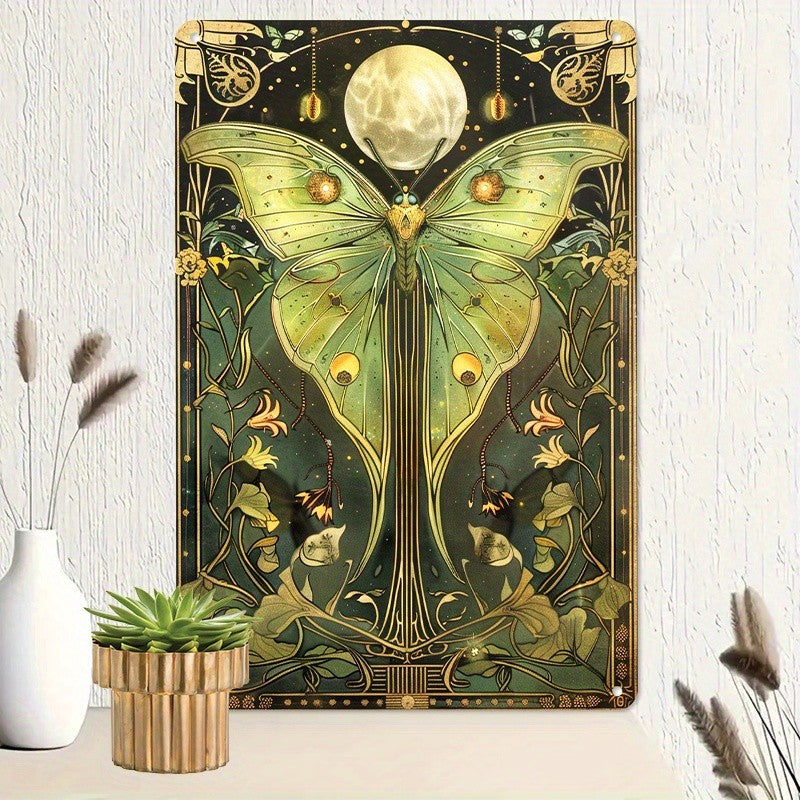 Luna Moth Tin Sign Vintage Nouveau Metal Sign Celestial Moon Witchy Wall Decor