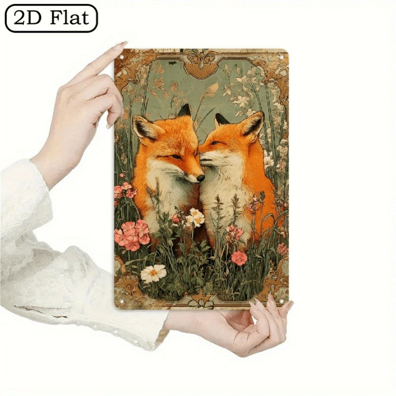 Fox Couple Metal Sign - Vintage Botanical Tin Wall Art Decor Plaque