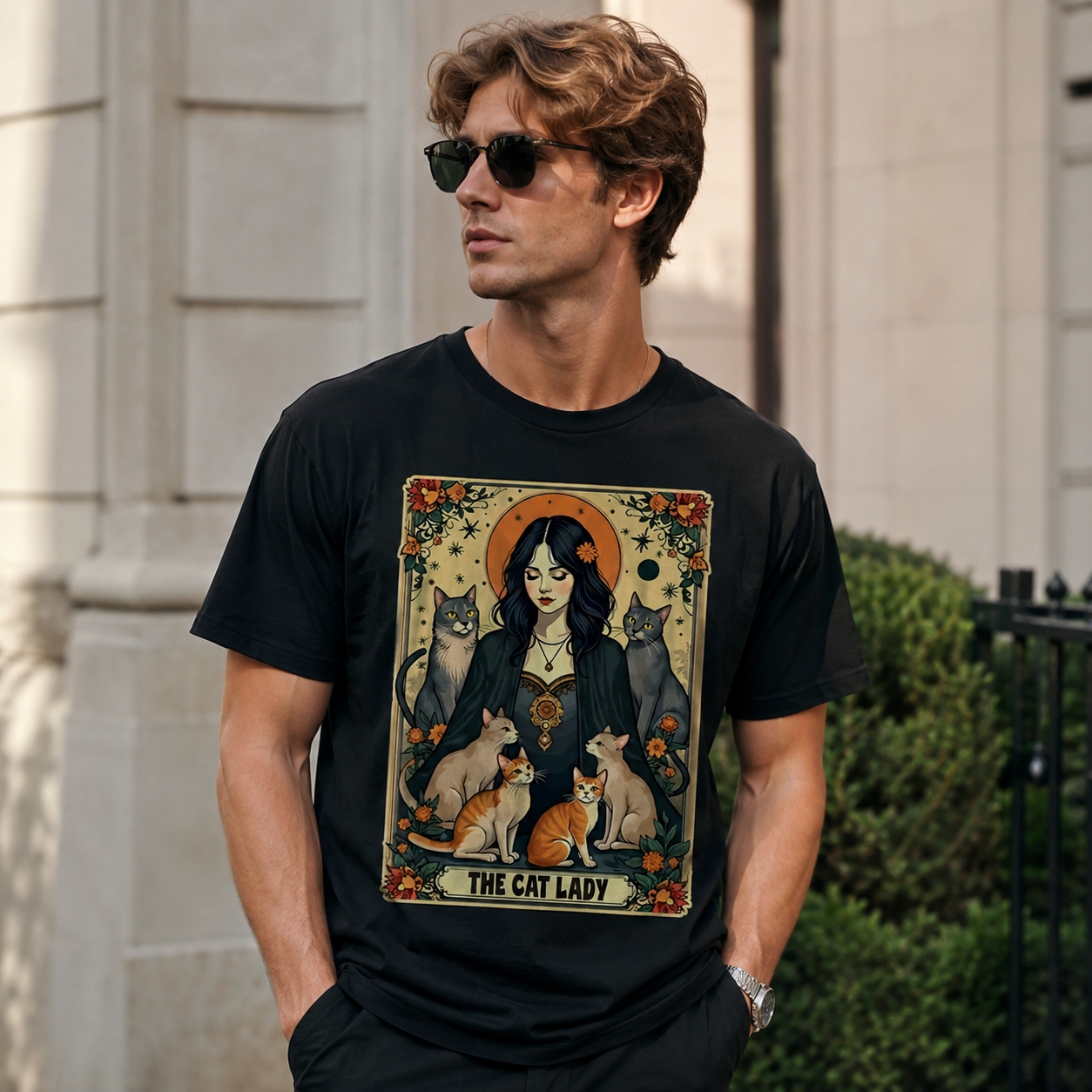 Cat Lady Tarot Card Graphic T-Shirt Gothic Witchy Cat Mom Mystic Aesthetic Tee