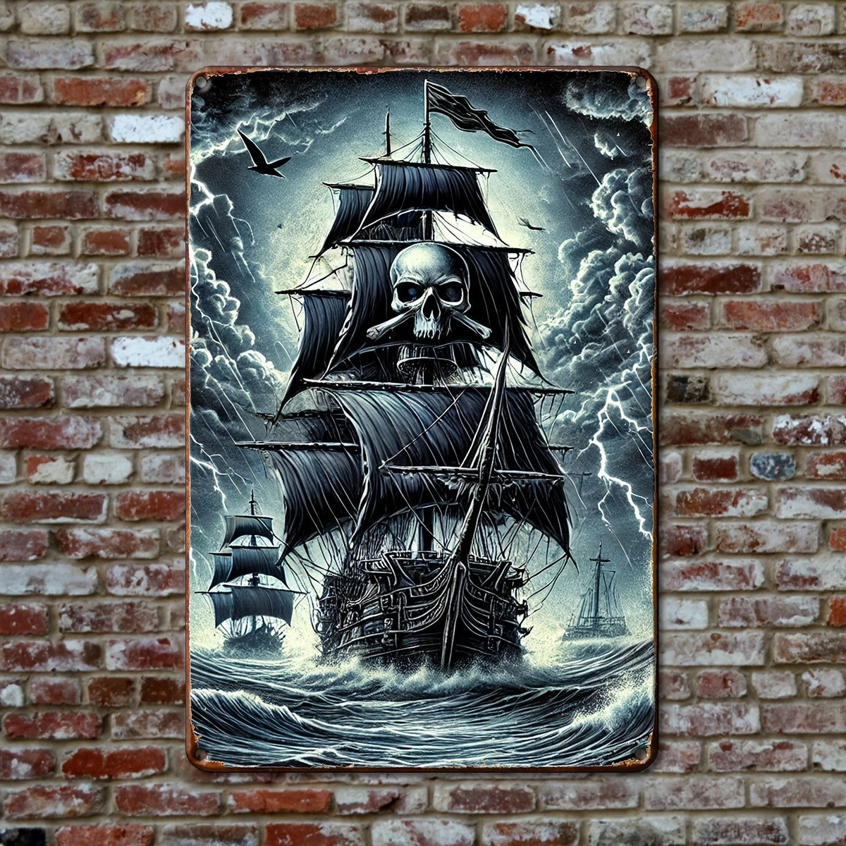 Pirate Ship Metal Sign - Stormy Sea Skull & Bones Tin Wall Art Decor Plaque
