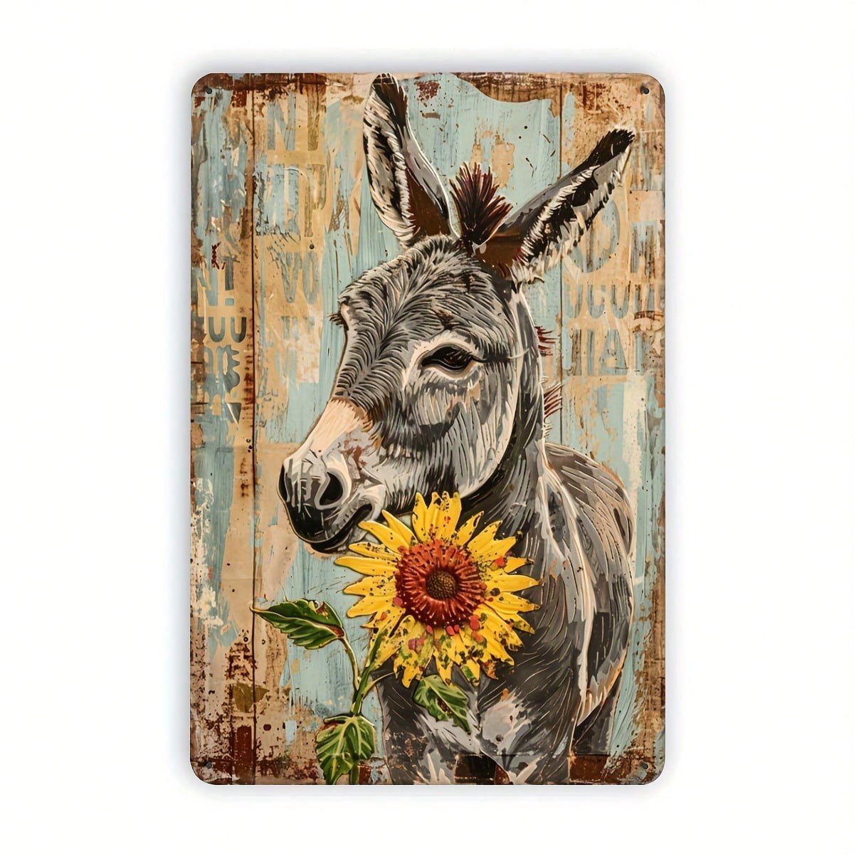 Retro Country Farm Donkey Metal Tin Sign - Cute Sunflower Barn Wood Wall Art