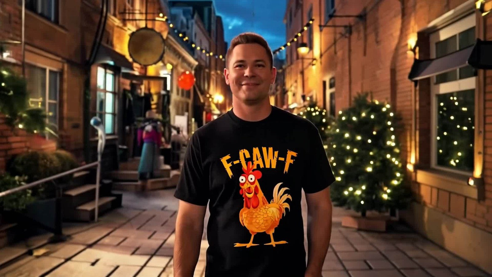 Chicken Pattern with "F-CAW-F" Text Print, Funny And Humorous Design T shirt