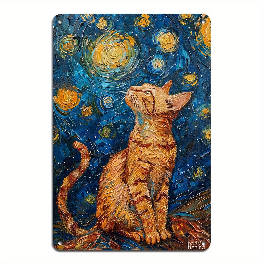 Starry Night Orange Cat Metal Sign - Vintage Impressionist Cute Animal Decor