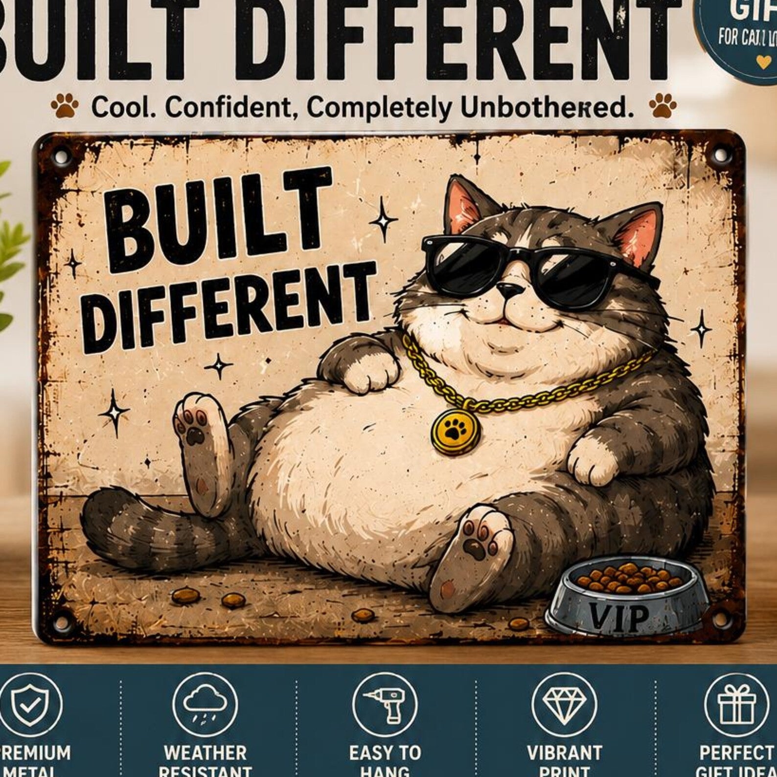 Funny Chubby Cat Metal Sign – Built Different Vintage Wall Decor (Cat Lovers)