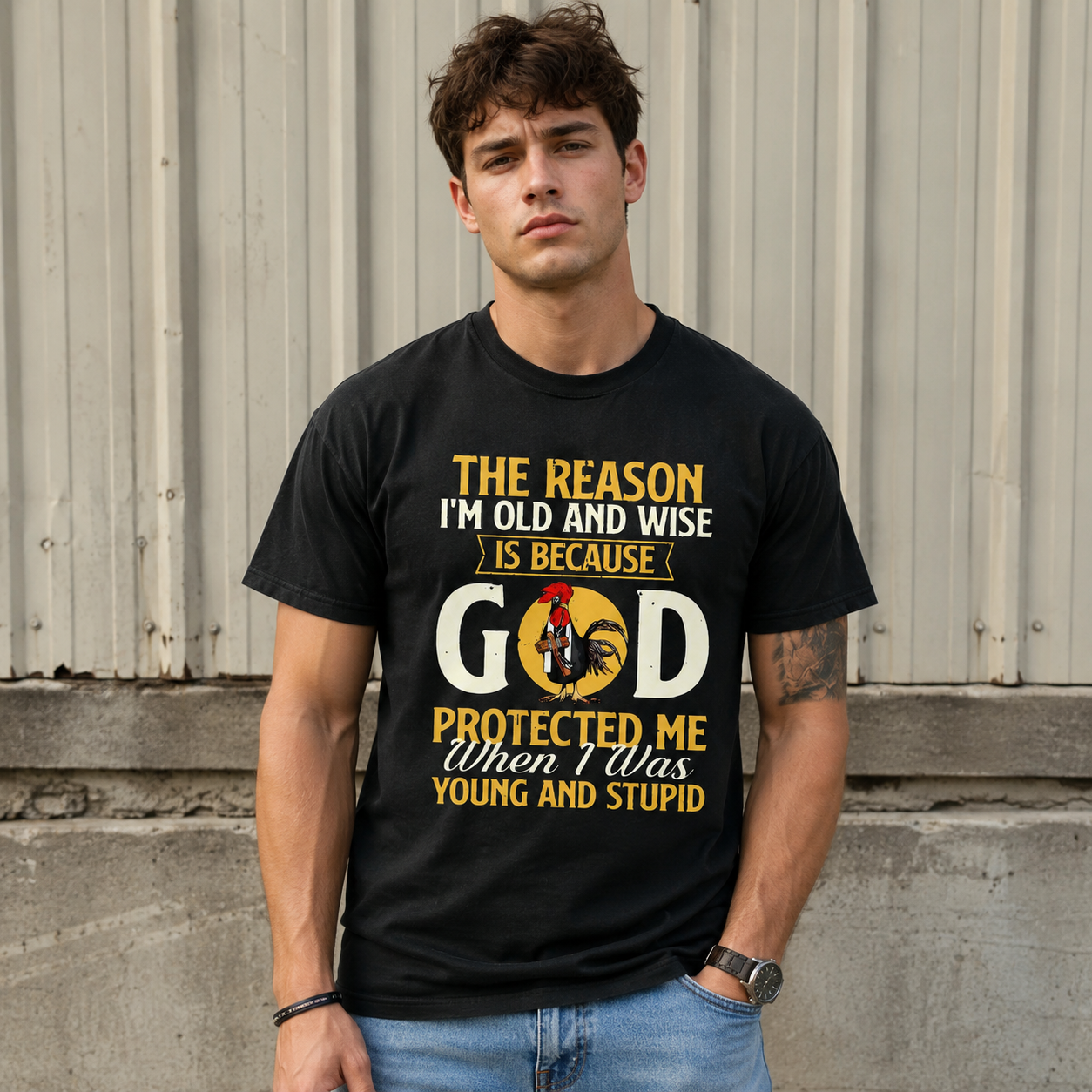 Old and Wise Because God Protected Me Tee - Humorous Christian Faith T-Shirt