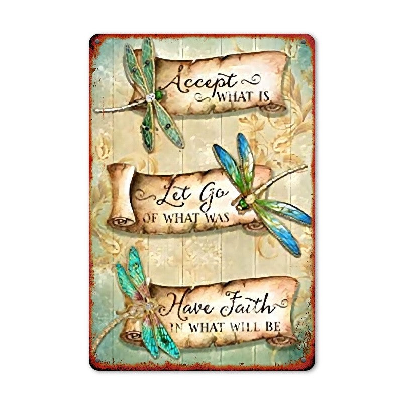 Vintage Dragonfly Inspirational Metal Sign - Accept Let Go Faith Tin Decor