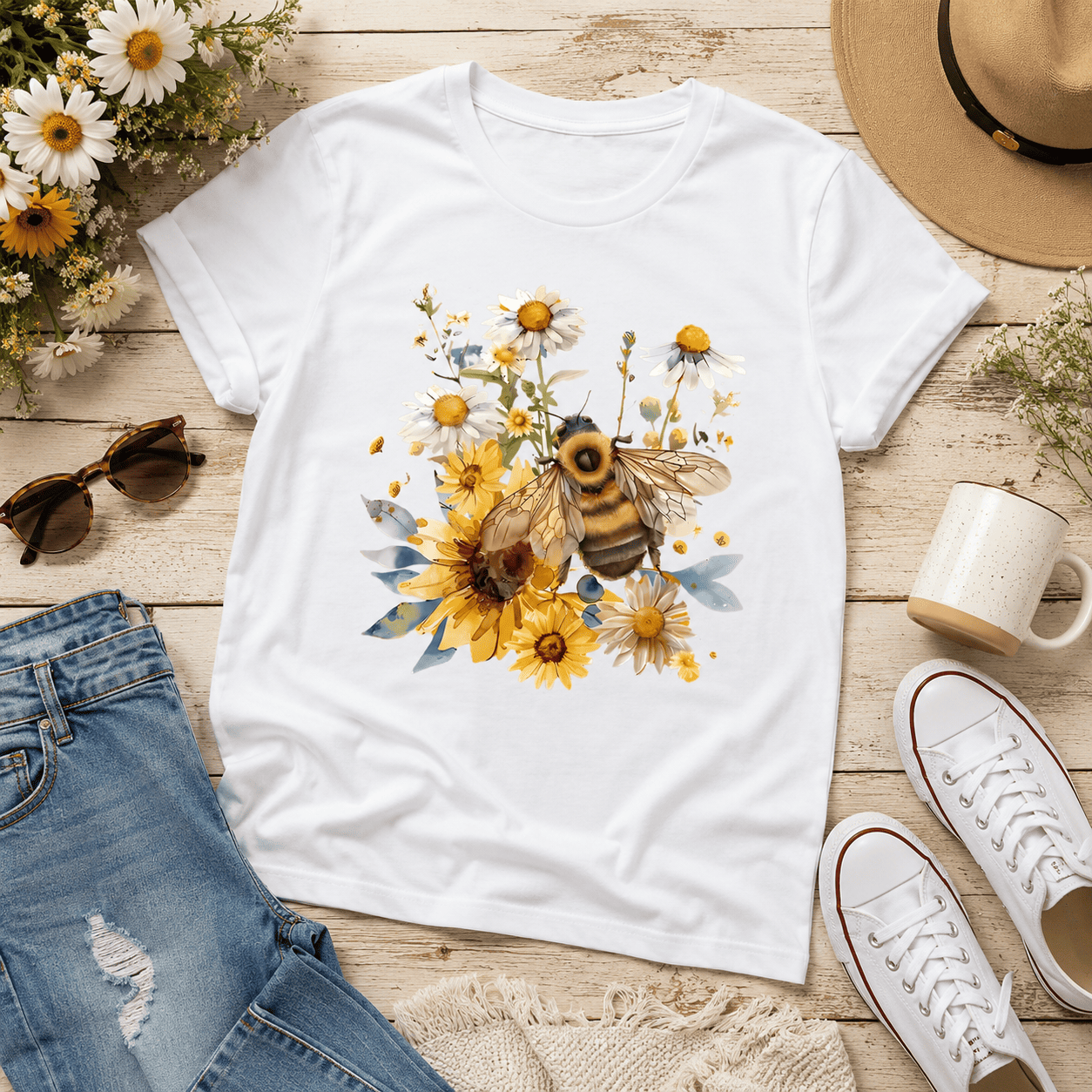 Women's Bee Flower Graphic T-Shirt Yellow Blue Floral Casual Summer Tee Top