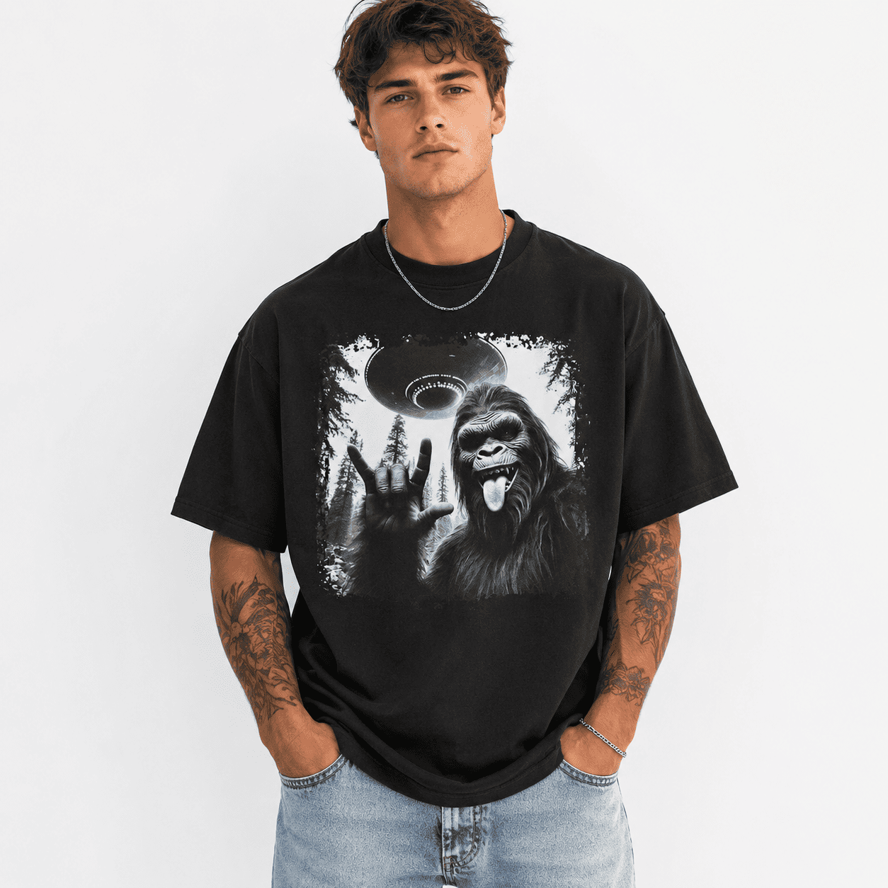 Funny Bigfoot Alien Abduction T-Shirt: Cryptid UFO Tee
